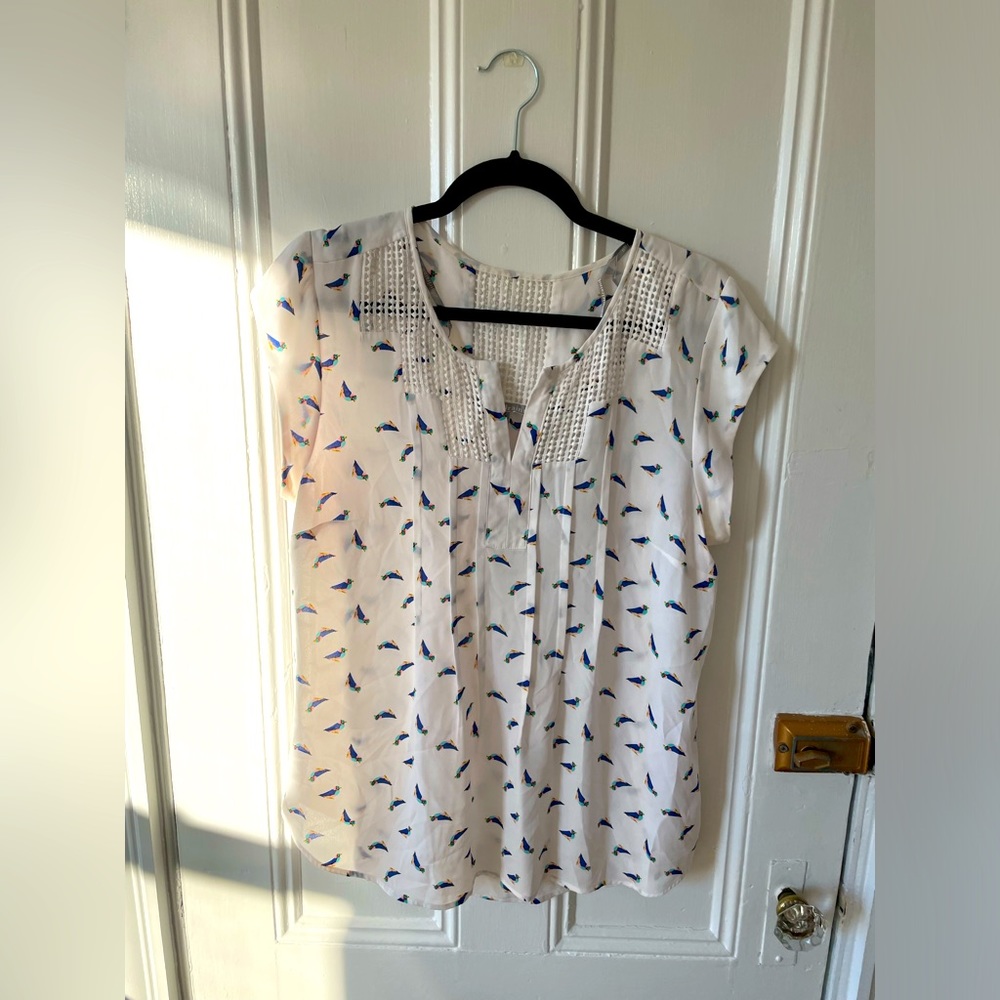 White blouse with bird print